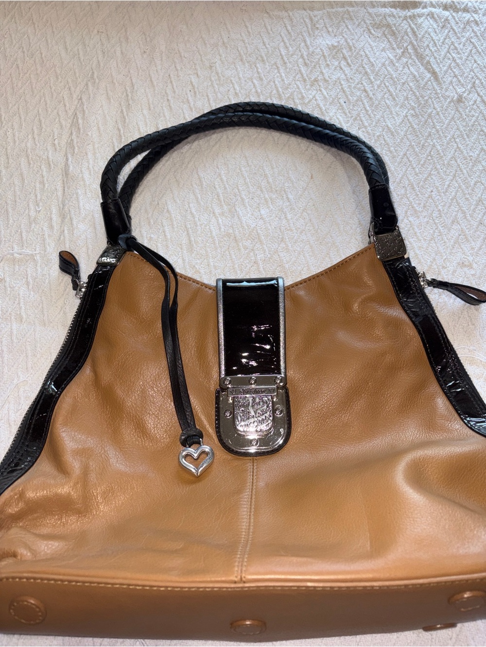 Brighton Tan and Black Leather Shoulder Bag with Heart Charm
